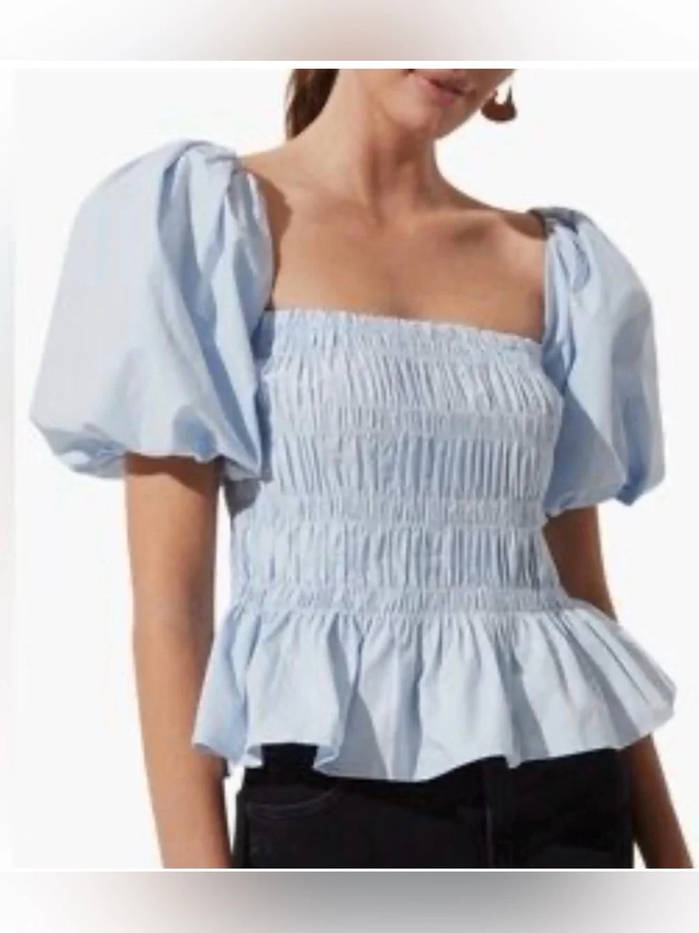 ASTR The Label Light Blue Smocked Puff Sleeve Peplum Top Size L